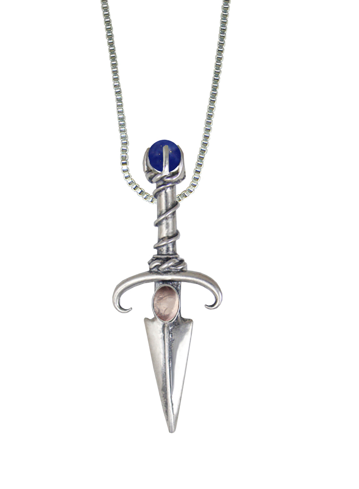 Sterling Silver Black Prince's Knife Dagger Pendant With Rose Quartz And Sodalite